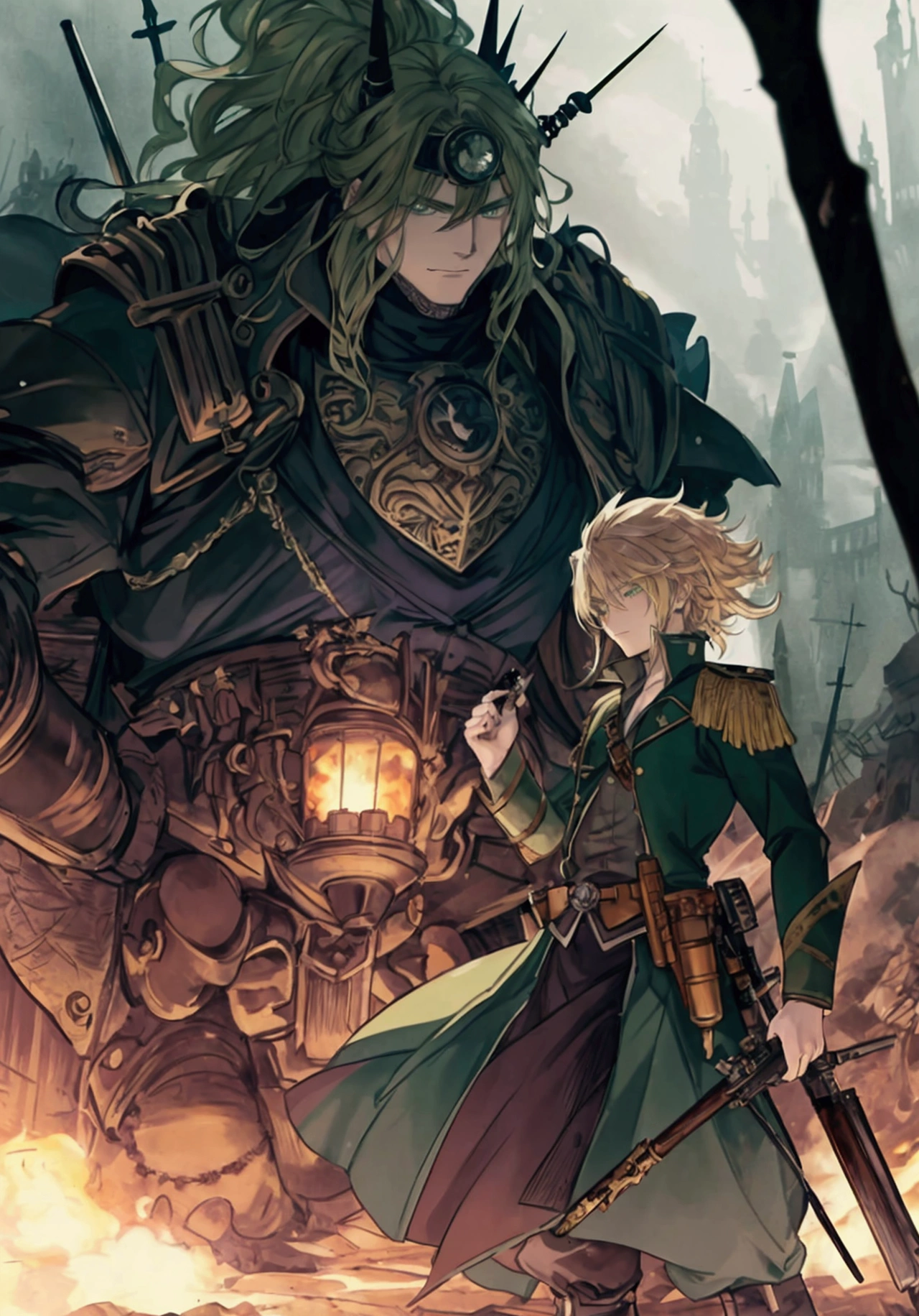 (Masterpiece), ((Highest Quality)),(Official Art),dark epic:1.2),(1 solo anime man: 1.3). A badass gunslinger man with spiky wild hair (blonde), green eyes, and imposing build. He is clad in a military uniform, aiming a flintlock in the shadows of a steampunk city. Detailed picture. Detailed eyes. Masculine jaws. Soft fairytale picture Arthur Rackham-style. Colorful, best detailed ((super detailed)), (highly detailed 2D anime man illustration), ((dark and beautiful))