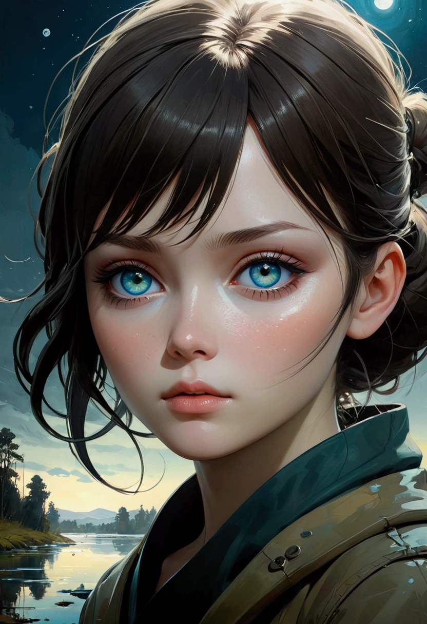 Siberia,Strange,make up,Heterochromia,Intricate details,elegant,8K resolution,Realistic rendering,(Ashley Wood Style:1.2),(Nick Vicesi Style:0.6), Chemiluminescence,1 girl,landscape, water, (Extremely detailed CG unity 8k wallpaper), The most beautiful works of art in the world, Professional Majestic Oil Painting, complex, High Detail, Clear focus, dramatic, Realistic Art