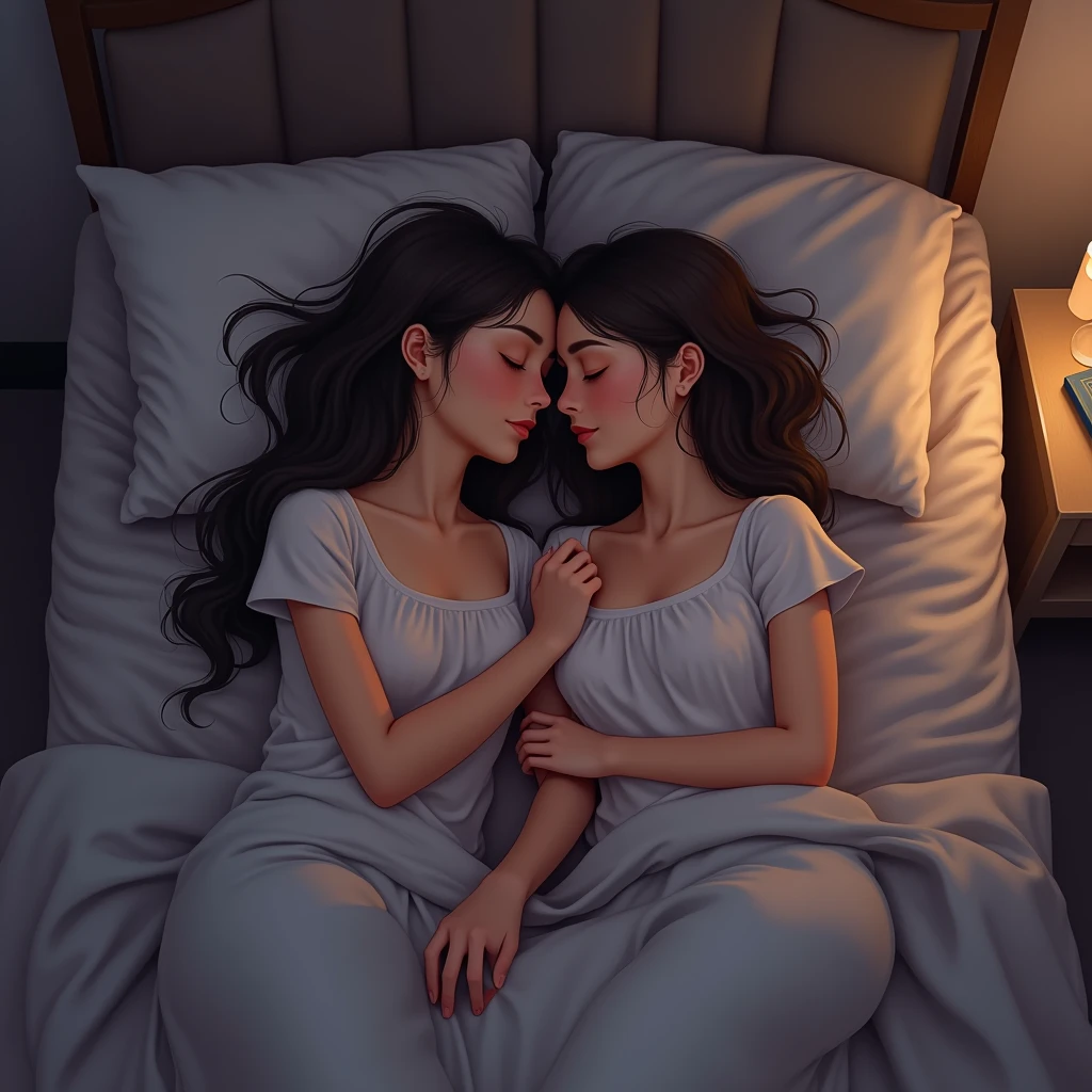 Two women sleeping together in a single bed