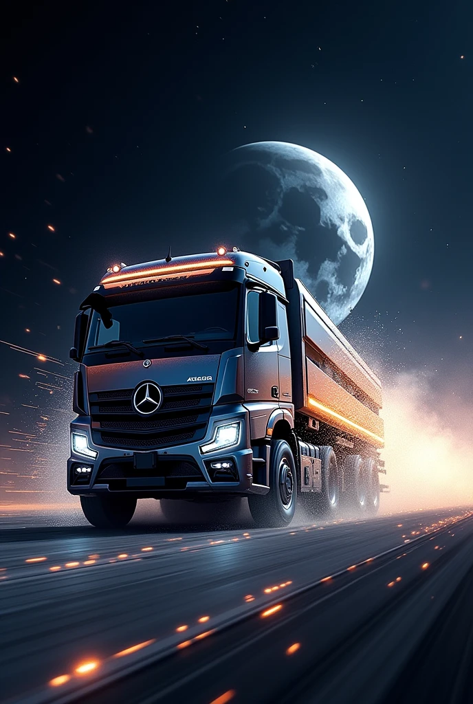 Mercedes axor truck at high speed, at the speed of light, towards the moon, en route to the moon , like a rocket, with the sentence below I will go over it
