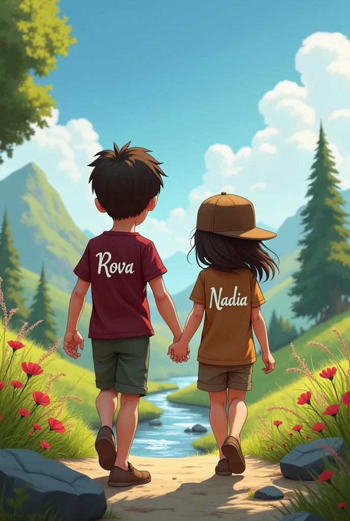 Une enfant couple dans la nature avec un mot Rova sur le Tee-shirt grenat du garçon et Un mot Nadia sur le Tee-shirt Maron de la fille