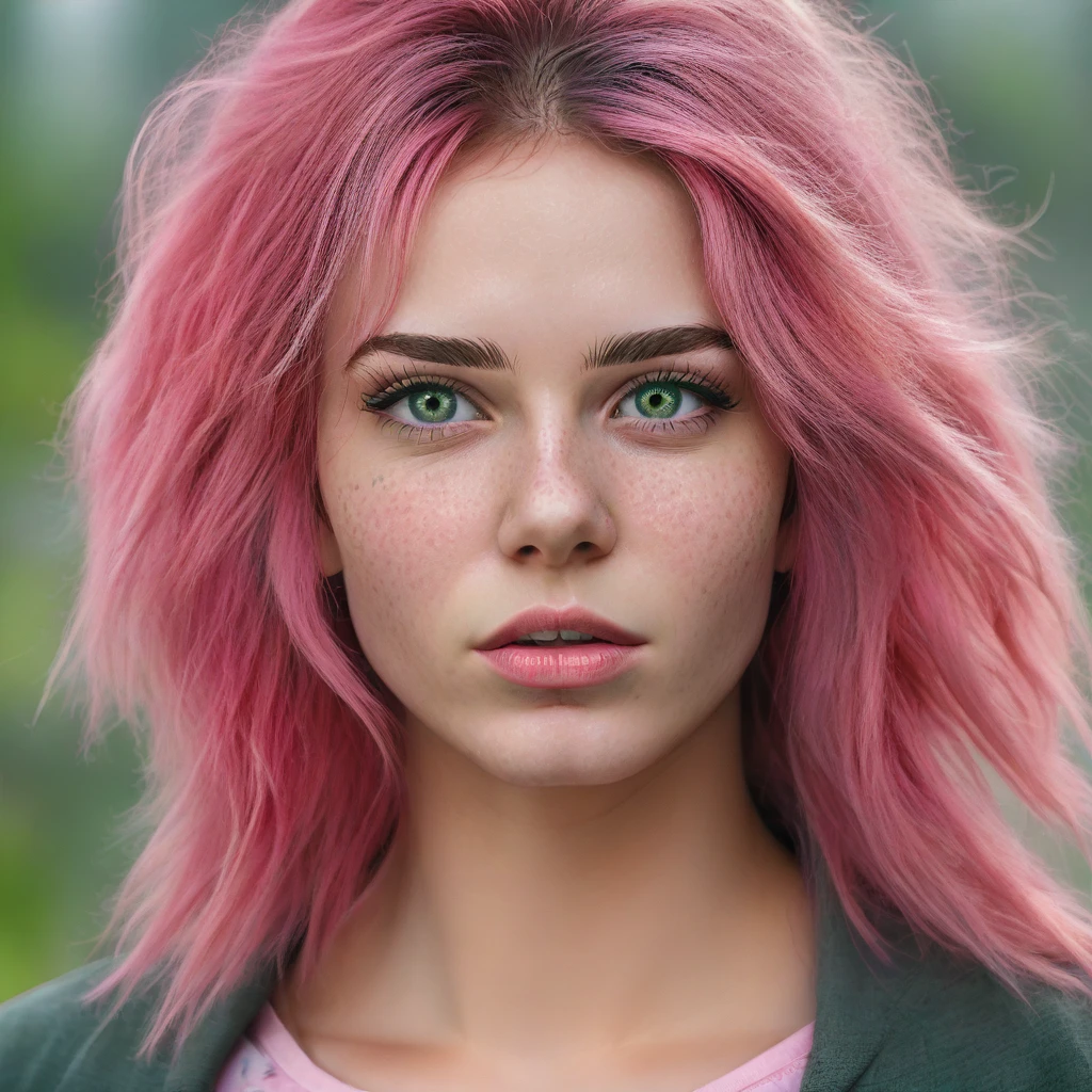 Beautiful 1 girl, standing alone, long hair, looking ahead at viewer, bangss, simple background, greeneyes, pink  hair, parted lips, teeths, lips, eyelash, Messy hair, portraite, close up, freckles, realisitic