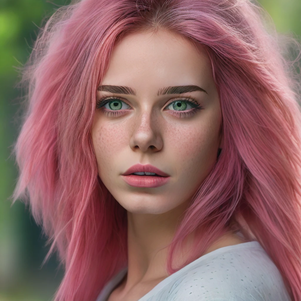 Beautiful 1 girl, standing alone, long hair, looking ahead at viewer, bangss, simple background, greeneyes, pink  hair, parted lips, teeths, lips, eyelash, Messy hair, portraite, close up, freckles, realisitic