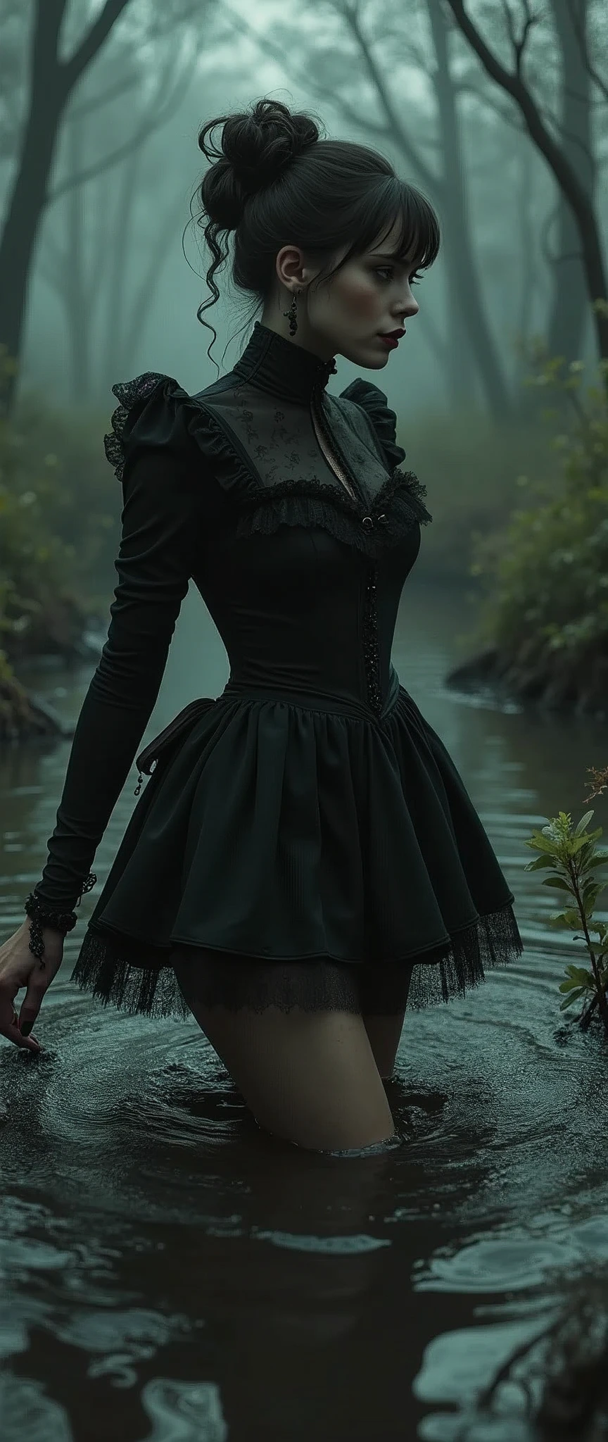19 century setting, victorian style, drama, stuck in bog,high-neck style, closed dress, short mini-dress, hips, high-neck dress, aristocratic hairstyle, stockings with garters, red lips, goth, aristocratic behaviour
