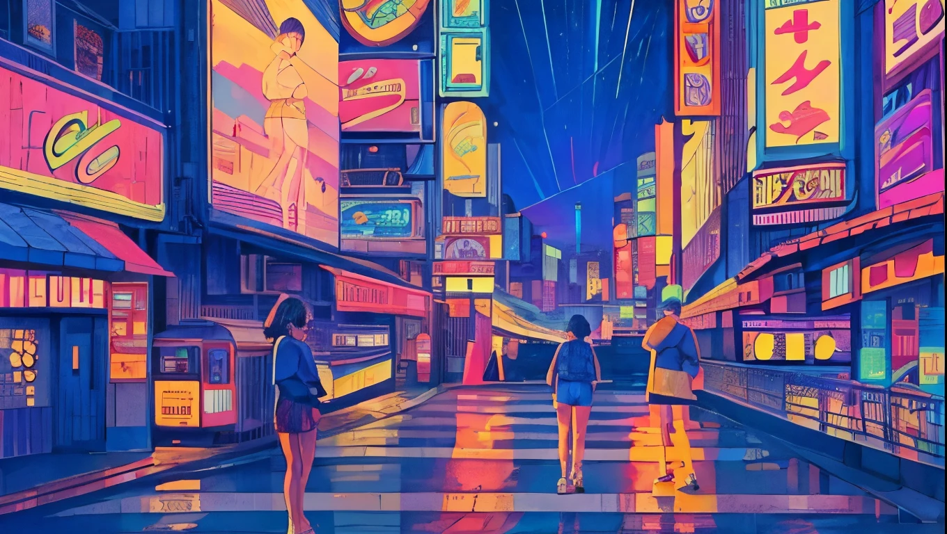 Highest quality, 4K wallpaper, masterpiece, Very fine grain, Very detailed, Intricate details, Standing on the overpass1People Girls, 1980s wind, City Pop, Retro Pop, City, Outdoor, neon, night,