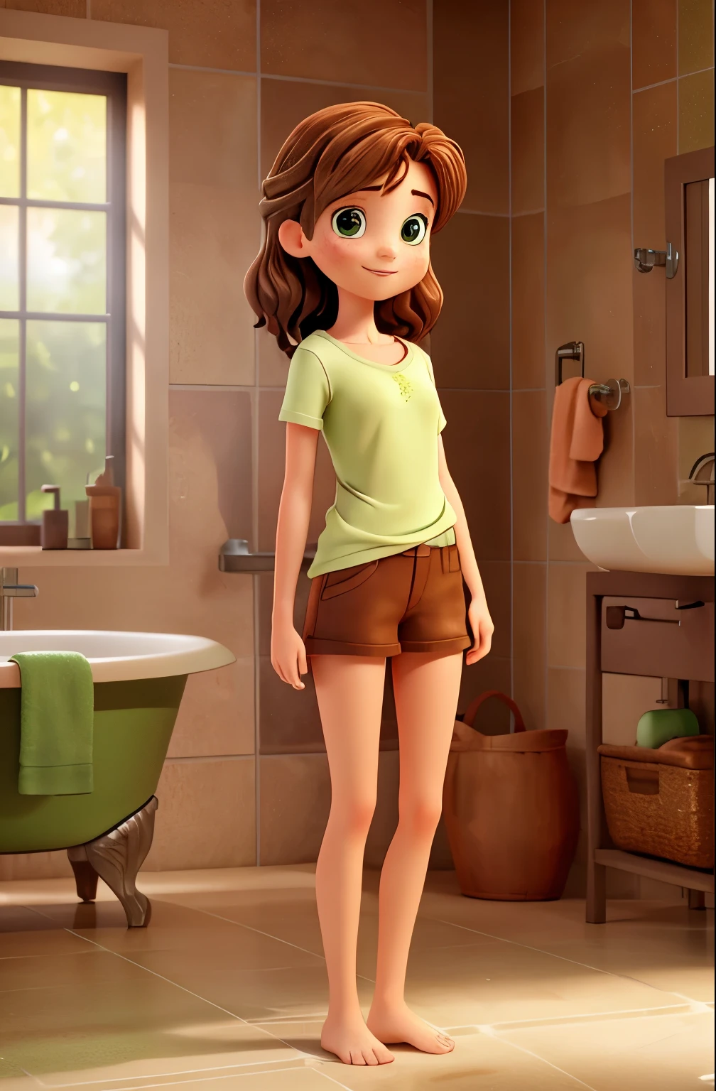 girl with brown hair with lighter highlights, green eyes, 21 years old, full body view, short in height, exposed figure, auburn hair, holding a white towel, standing in front of a shower, wet hair, wet skin, freckles, very small breasts, super high detail, super high quality, hot, open legs, shy smile