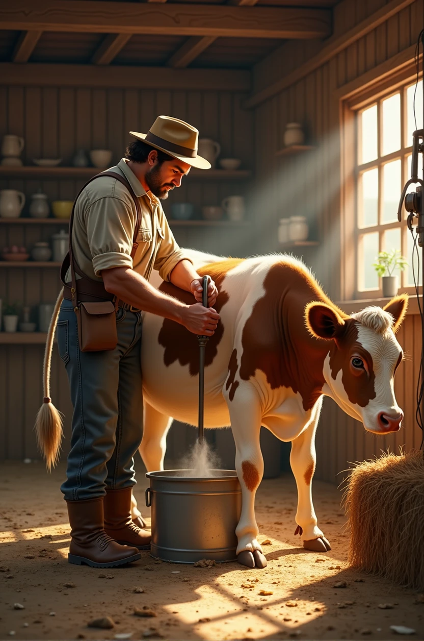 A farmer milking a cow