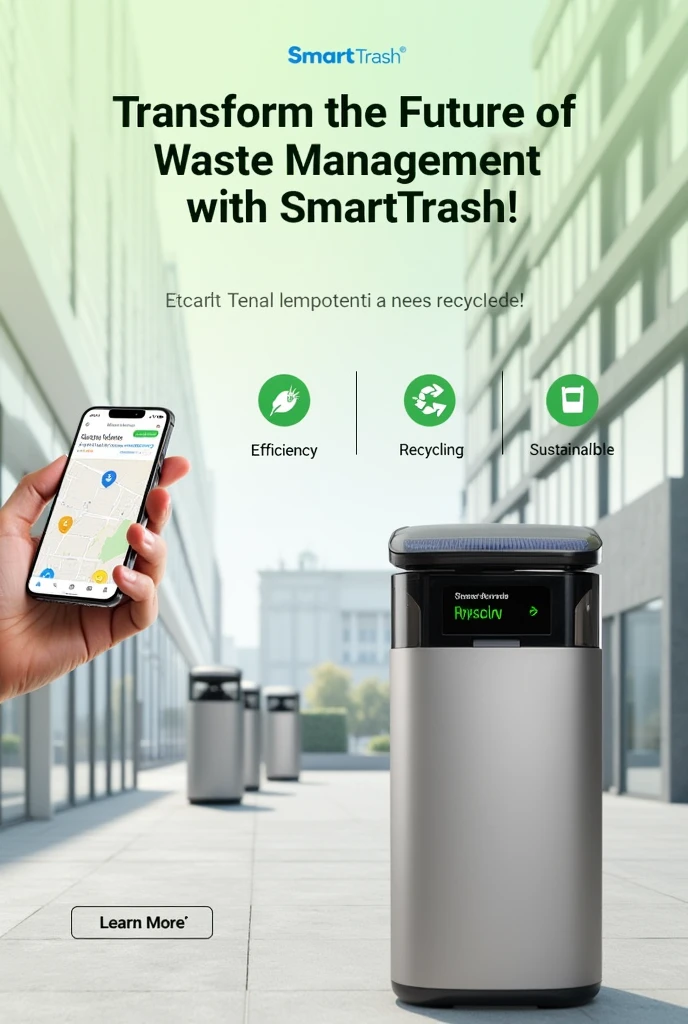 The image shows a modern urban scene with a SmartTrash smart bin in focus. The bin is sleek and futuristic, with a minimalist design and a visible solar panel on top. On the bin’s display, there is a digital interface that shows the bin’s fill level and the waste categories detected (organic, recyclable, non-recyclable). In the background, the city is clean and organized, with other smart bins visible in the distance, highlighting the system’s integration. On the left of the image, the SmartTrash mobile app is on a smartphone, displaying a map with nearby bins and a “Points earned for recycling!” notification. In the top right corner, the slogan “*Transform the Future of Waste Management with SmartTrash!” is displayed in large, striking letters. Below the slogan, the text “Efficiency | Recycling | Sustainability*” is highlighted in a smaller font, with icons representing each benefit. The background is light and clean, with a soft green tone that reinforces the idea of ​​sustainability and innovation. In the lower right corner, there is a striking button with the text “*Learn More*”, which directs you to the product website. in Portuguese