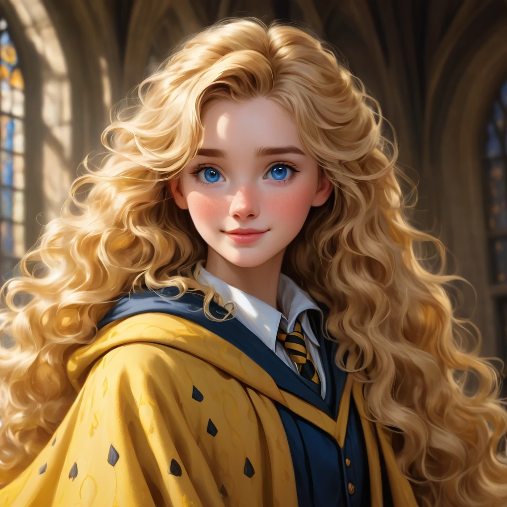 best quality, Masterpiece, Put on a Hufflepuff Hogwarts uniform.,Hufflepuff House, Wear a Hufflepuff cloak., (((wavy hair))), golden blonde, serious, Very naughty, cute and bright, be happy, smile, Freckles on the face, detailed blue eyes, detailed face, Fine skin, soft light, mysterious, Worth discovering., soft shadow, detailed texture, dynamic light, Hug a Golden Retriever, Hogwarts background, Hogwarts Theme