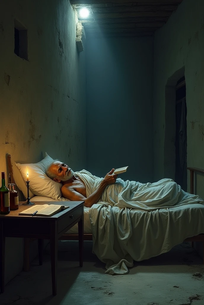 Make a painting of a man sitting on his death bed with the help of one pillow and the house is small and the upper part of that house has a small crack from that crack a light of moon is coming and the man is reading a page to the moon which is held by his hand and near a death bed there is one table on that one candle is burning and one book and pen is also on table and near that some bottles of alcohol is there and the one glass of alcohol is also on table and man is from India and also a poet like Mirza Ghalib