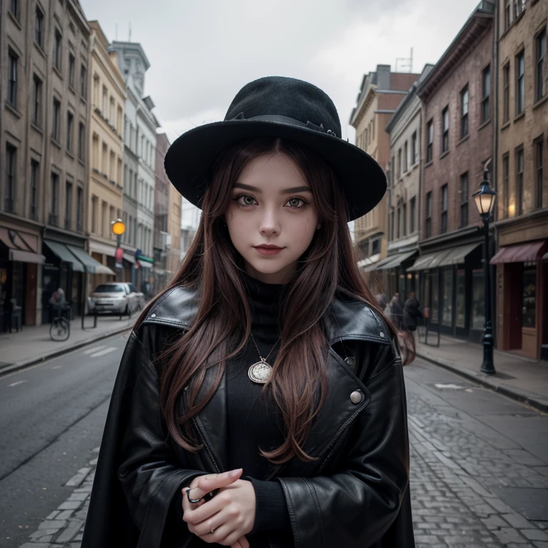 Gothic and Horror Styles. Louise, a young woman of 24 years of age, wearing a black wool coat, Gray scarf, black fitted leather pants, black leather boots with metal buckles, and black gloves. She wears a black wool hat with gray details., silver moon-shaped earrings and a leather bracelet with a cat charm. vibrant red hair, cut into layers, with soft waves that frame your face. yellow  eyes, like those of a feline, looking at the viewer, smiling and showing teeth painted with black lipstick. She's on a deserted street, under the light of a full moon. Ancient stone structures, wrought iron, and aged wood surround the street. The depth of the scene is enhanced by long, sinuous shadows, while an old lamp post, a pile of dry leaves and a rusty street sign complete the scene.