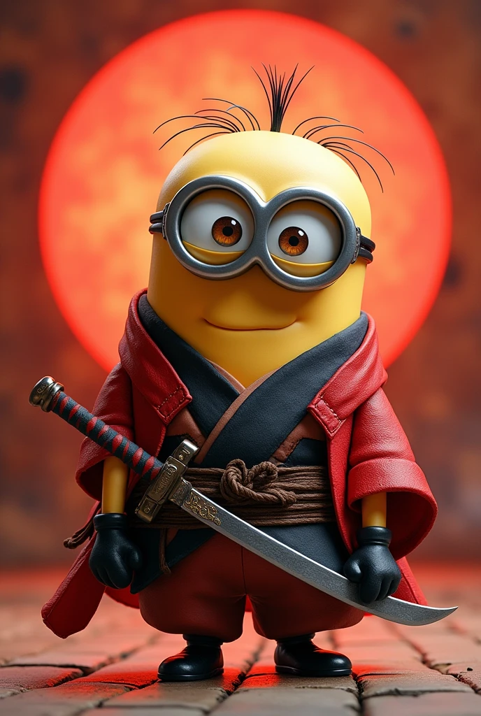 I would like an image of a minion dressed in Tanjiro Kamado's clothes with his sword, doing the fifth breath