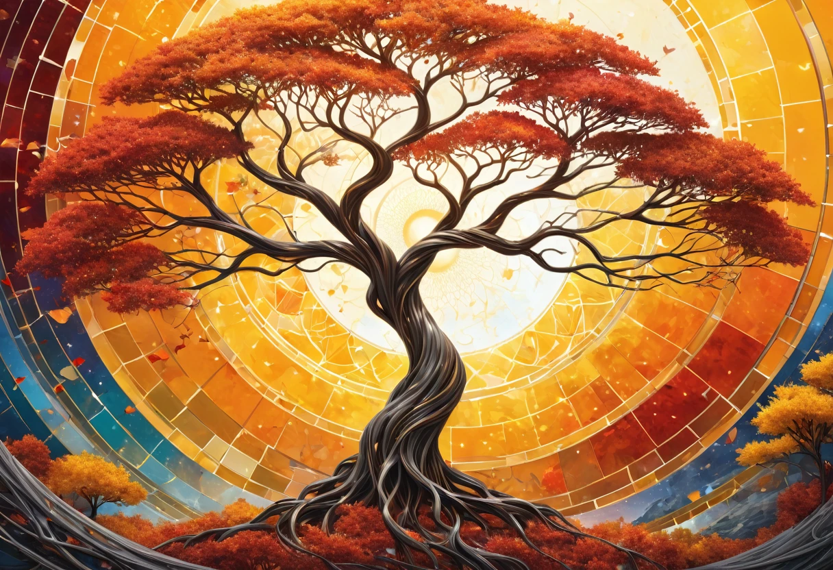 (Evolution of life)、fibonacci、the golden ratio、melted wax、Visible brushstrokes、3D Mosaic Wireframe、neural graph、neurons、the tree of life、Farbe、Tenderness、passion、Ultra high definition、8k hd、Masterpiece artwork, metallized sheets, autumn colors
