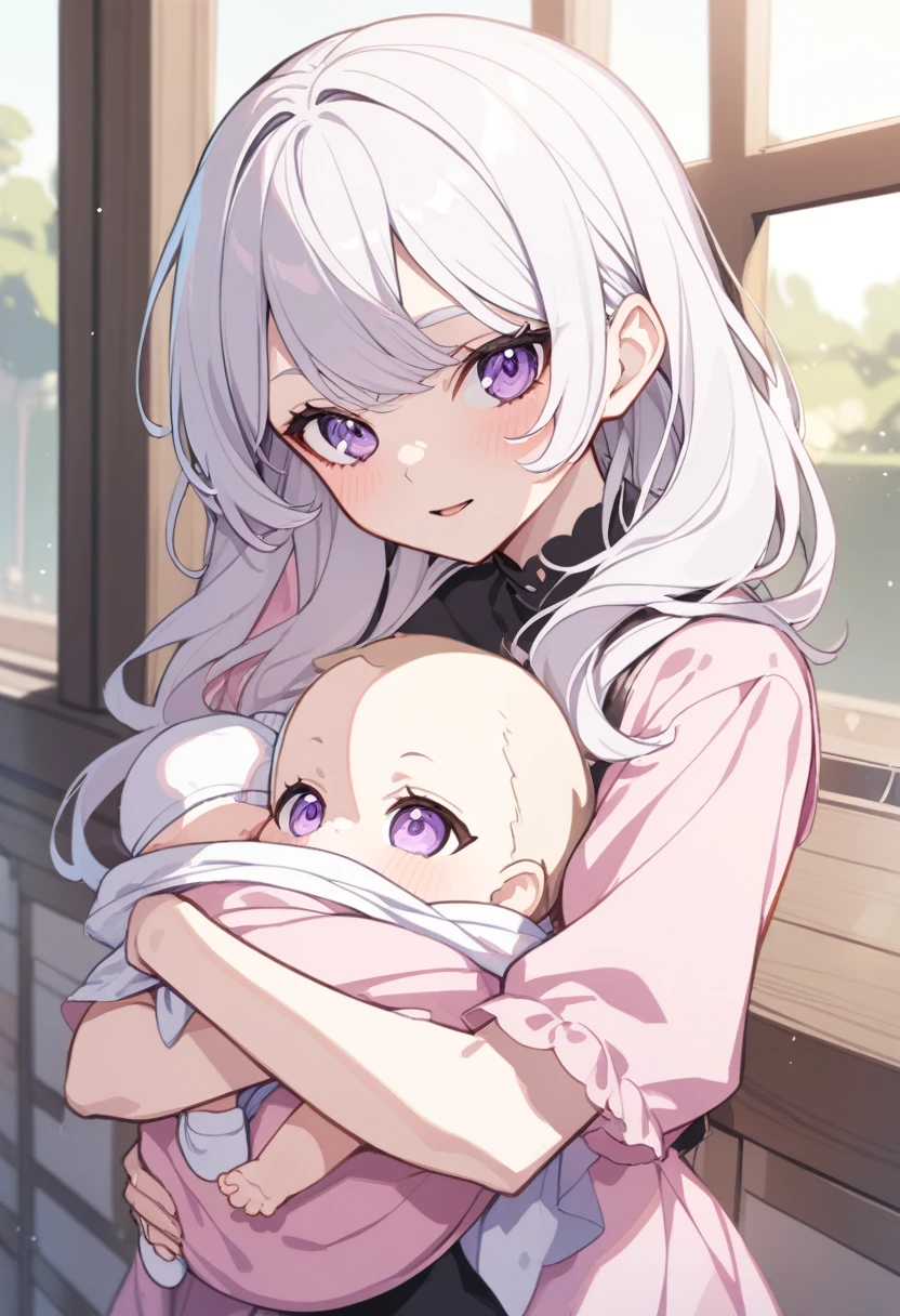1girl, White hair, purple eyes, pink clothes carrying baby copy