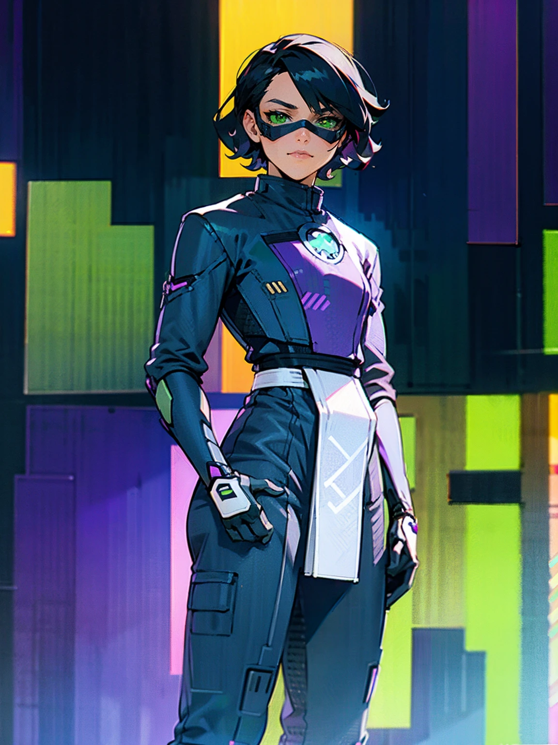 1male, hawaiian hair, black hair, purple visor, green eyes, robot mask, purple speed suit, tied to waist, standing on path, road, modern city, purple cloak