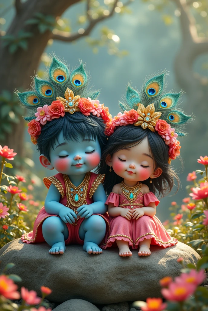 A chubby,cute  and boy sitting with each other a boys skin is blue in color a girl is wearing so much jewelry both are sitting on a rock thay both are wearing a crown full of flowers with a peocock fether on crown surrounded by so many flowers