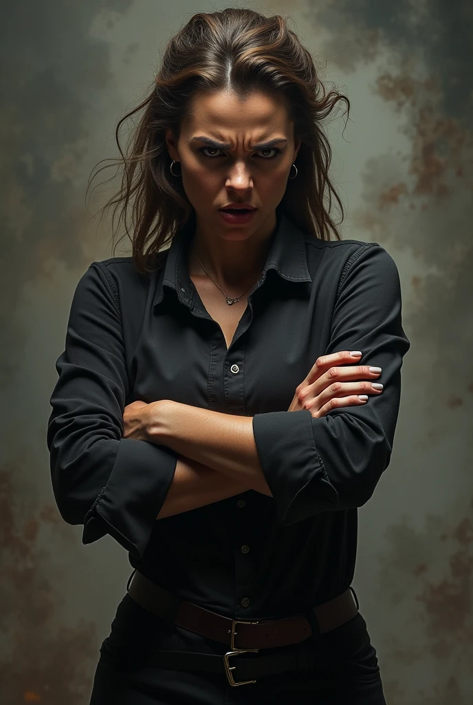 A woman standing angry with her arms crossed full length
