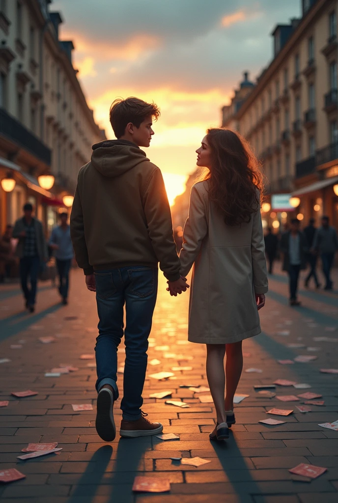 Create an image with Three people.
It will be a boy and a girl going in one direction, both blond. And the third person is a girl with brown hair who is coming in the opposite direction to the couple and she and the boy will be looking at each other romantically..
The scene is a square at dusk, with letters tered on the floor.