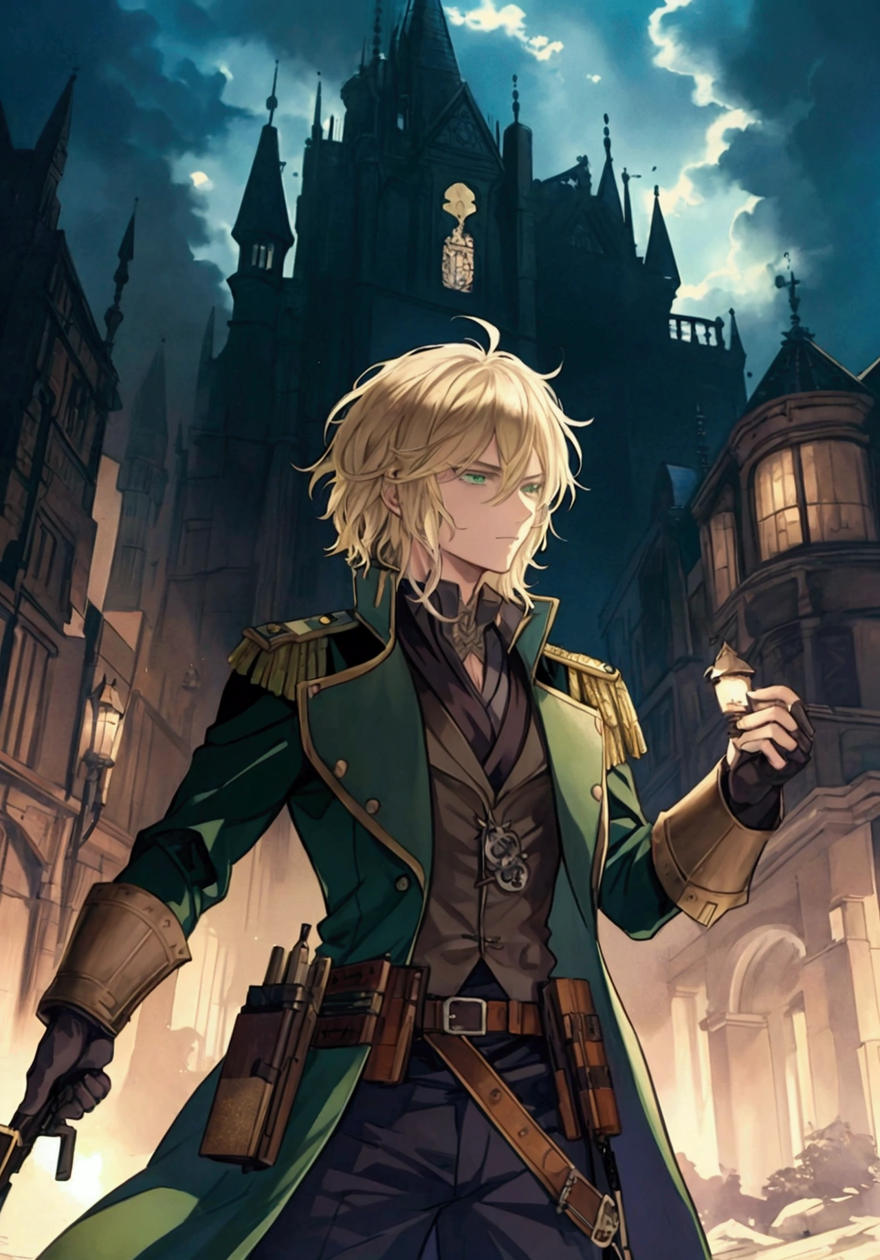 (Masterpiece), ((Highest Quality)),(Official Art),dark epic:1.2),(1 solo anime man: 1.3). A badass gunslinger man with spiky wild hair (blonde), green eyes, and tall build. He is clad in a military uniform, aiming a flintlock in the shadows of a steampunk city. Detailed picture. Detailed eyes. Masculine jaws. Soft fairytale picture Arthur Rackham-style. Colorful, best detailed ((super detailed)), (highly detailed 2D anime man illustration), ((dark and beautiful))