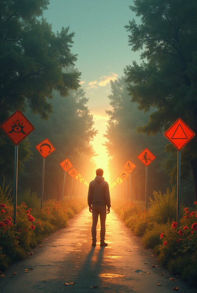 a scene where a person is standing at a crossroads, facing two roads. The left path is full of warning signs, Red lights and hazard symbols, while the path on the right is illuminated with warm colors, flowers and symbols of well-being. Person, Instead of carefully analyzing the signs, follow your instinct and take the path that "feel" which is the correct one, guided by a soft glow emanating from the heart. In this picture, the environment and the signs represent logic and analysis, while the glow of the heart symbolizes the intuition and emotions that guide the decision.