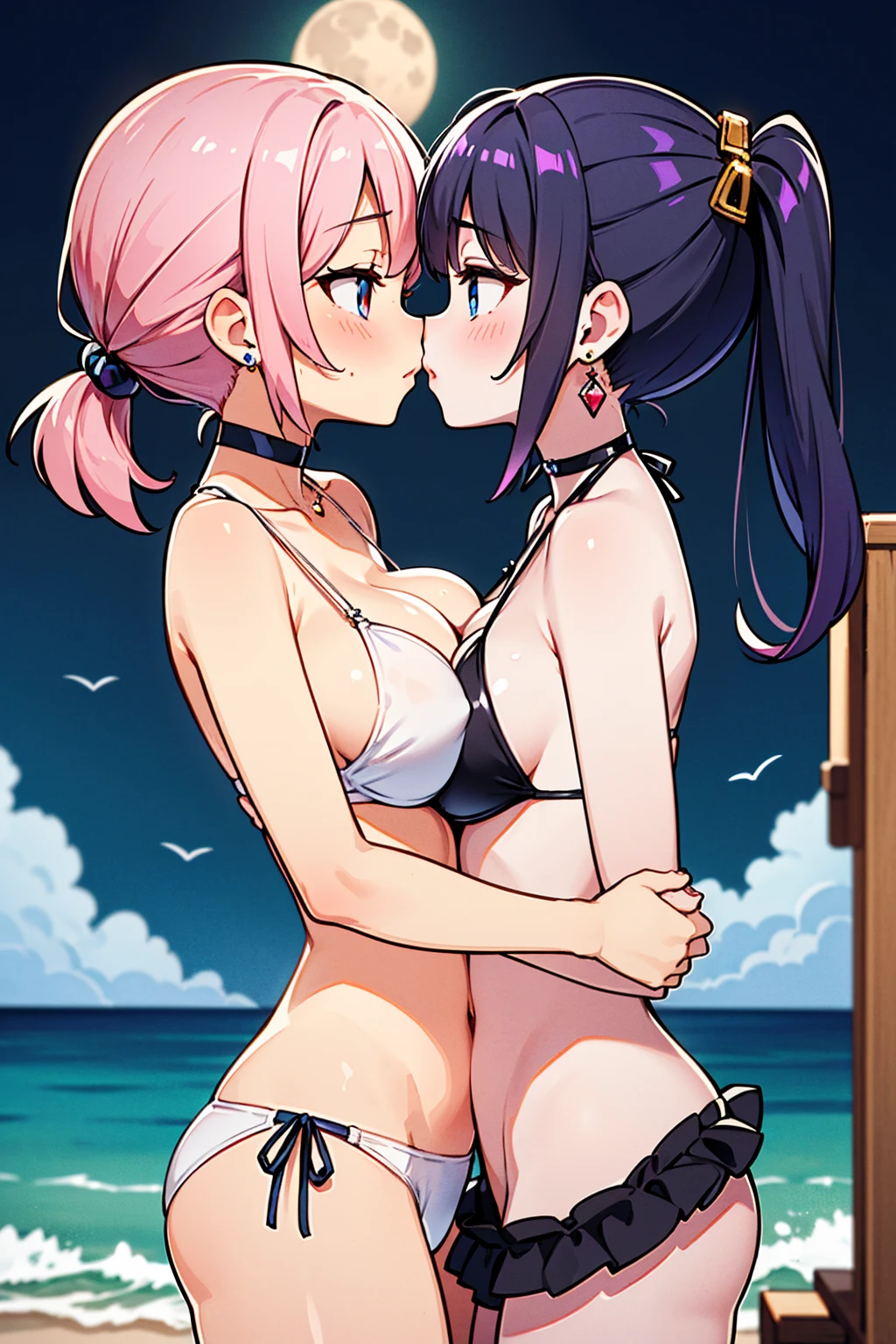 (high detail, high quality, best picture quality, masterpiece) from above at a long distance in a rule of thirds composition Two cute Girls ((Night sea)) ((dark scenery)) ((moon)) moonlit sea (Backlight) ((The girl on the right is short and has a medium bust/Blue eyes/brown ponytail)) ((The girl on the left is tall and has a large bust/Red eyes/purple hair/Princess Cut, long hair)) (Facing each other and holding hands) (Place your other hand around the other persons waist) (White or floral bikini) shiny glossy iridescent clothes shiny glossy latex gradient iridescent bikini shiny reflective bikini (((Close Face))) ((Face to Face)) ((Kissing Soon)) Gazing at each other On the brink of kissing Embarrassed expression Blushing Half-Closed Eyes Wet body (Choker or pendant) (Earrings or pierced earrings) Alternating Breast Size Bouncing Breasts Dangling Breasts bad fingers bad hands missing fingers