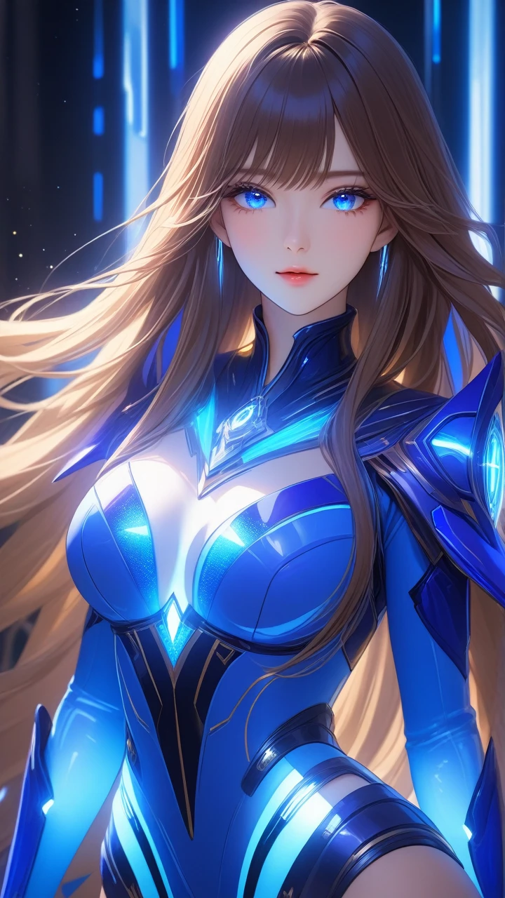 8K, Ultra HD, Masterpiece, 1 girl, exquisite face:1.5), very long hair, strait hair, detailed eyes, ultimate details, wearing transparent science fiction clothes, blue clothes, (glowing clothes:1.4), amazing magnificence, LED Internal lighting, glowing iris, glowing iris,