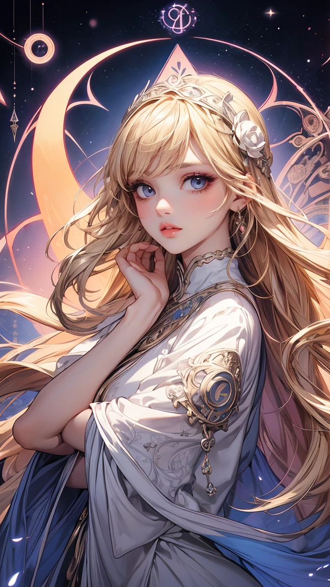 (masterpiece, best quality:1.2), intricate detailed tarot card illustration, tarot card, tarot card the word, 1woman, solo, blond hair goddess, white dress, floating in the sky, ((infinity symbol background)), cinematic lighting, dramatic shadows, vivid colors, rich color palette, surreal tarot card, mystical landscape, shimmering details, ornate patterns