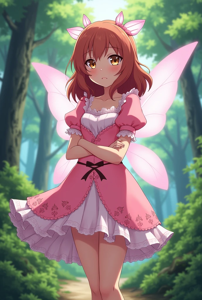 Ochako Uraraka from My Hero Academia, Brown eyes, With Pink Fairy Queen Outfit and Fairy Wings In a beautiful forest with a blushing nervous expression Digital art style
