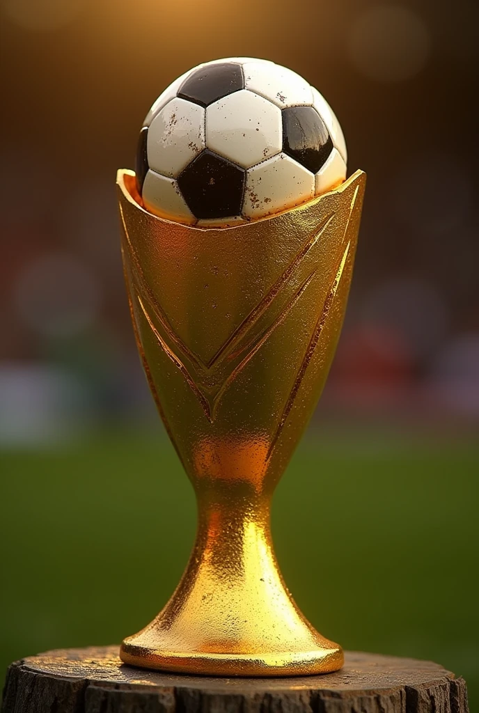 Create an image of a cup for a soccer championship that is bathed in gold with a ball