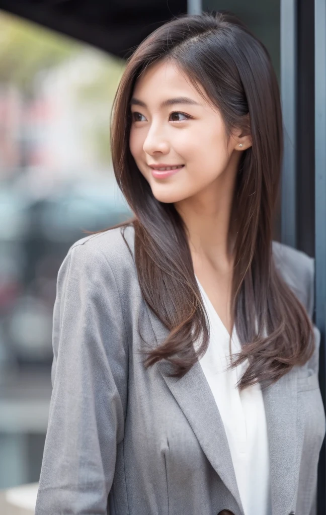 A young woman in a cafe, smiling and enjoying a lunch break, beautiful detailed eyes, beautiful detailed lips, extremely detailed face and hair, delicate skin, nose, long eyelashes, beautiful city landscape through the window, business casual outfit, medium-length hairstyle, realistic lighting, 27 years old, high quality, 8k, masterpiece, photorealistic, detailed, vivid colors, studio lighting