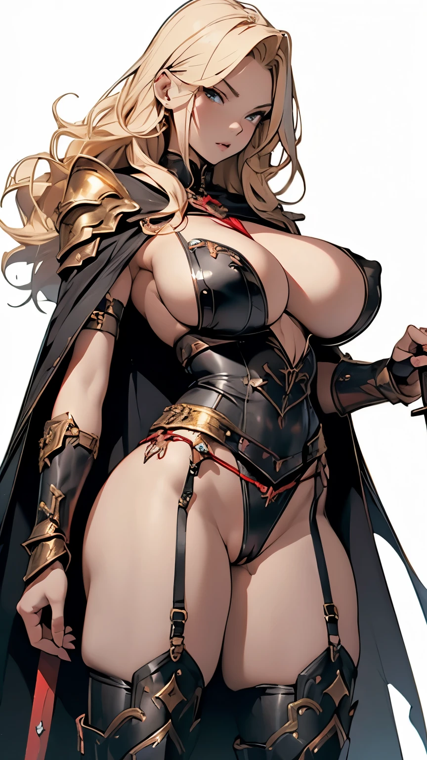 True Face、Holding the sword with both hands、Blonde、Black Cape、Big red crotch tattoo、Black metallic string bikini、(Huge breasts:1.5)、Underboob、Sideboob、garter belt、Camel toe、Thick thighs、Wide Hips、curve、Golden Gauntlet、Gold Long Boots、(NSFW:1.5)、Revealing outfit