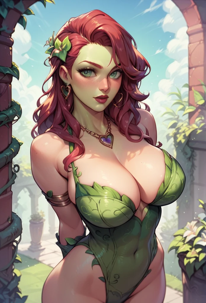 Poison Ivy, big breasts, deep cleavage, standing in a garden, hands behind her back