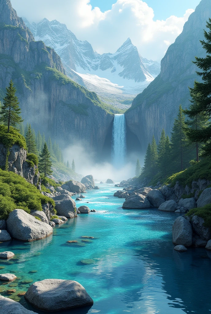 fantastic landscape, very blue transparent river, mountains with waterfall, landscape in Switzerland, HyperRealistic cinematic 3D, surrealism photo,