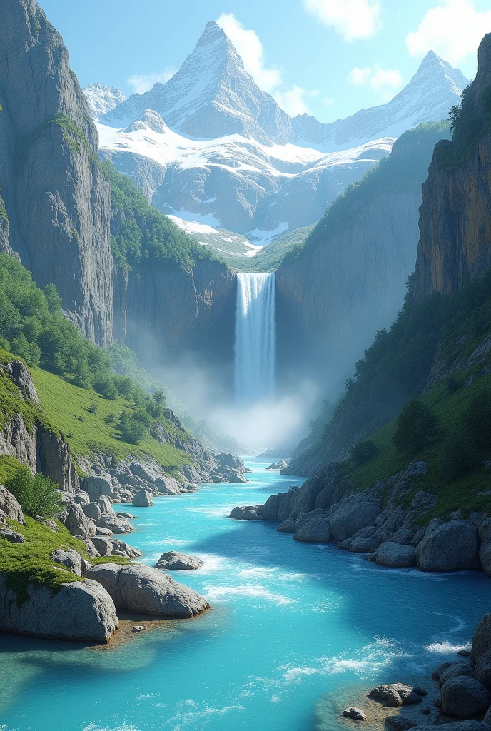 fantastic landscape, very blue transparent river, mountains with waterfall, landscape in Switzerland, HyperRealistic cinematic 3D, surrealism photo,