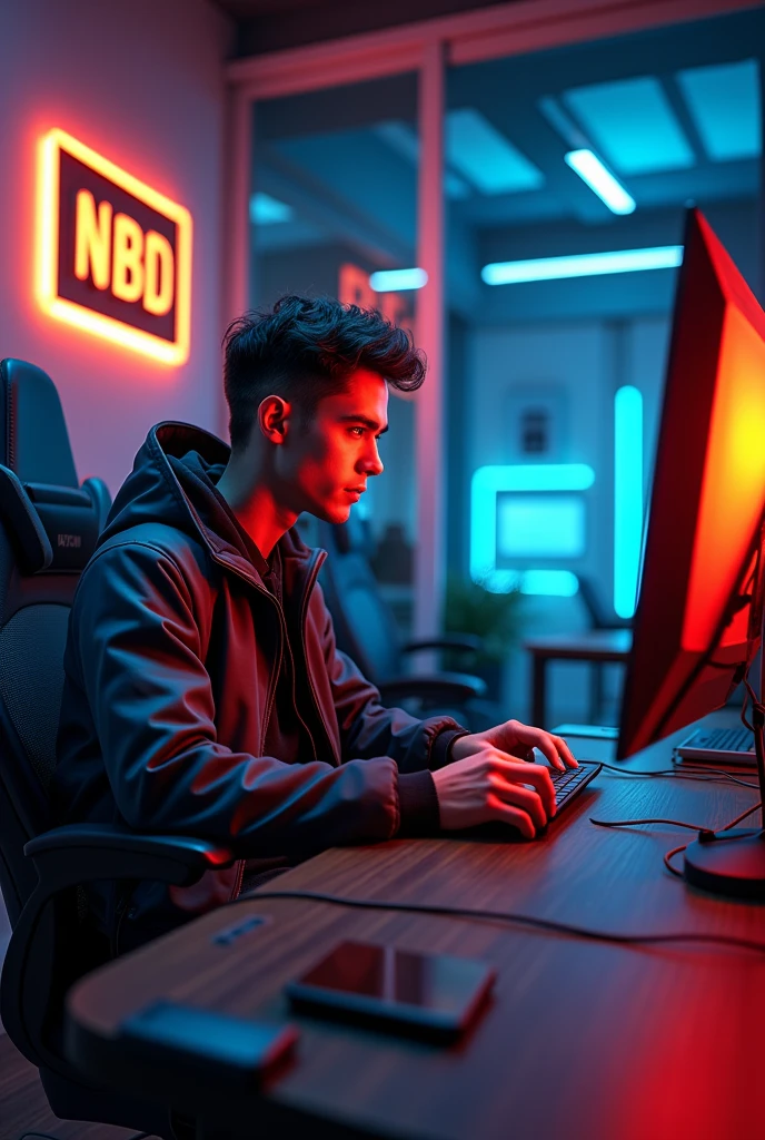 Make image man 25 year seting room whit red blu yalo and playing pubg mobile whith pc and oter hand ipad and cloth is very beautifuil and bacgroug yalo black white blu and writing the name 《NBD Legend》 any side of the room