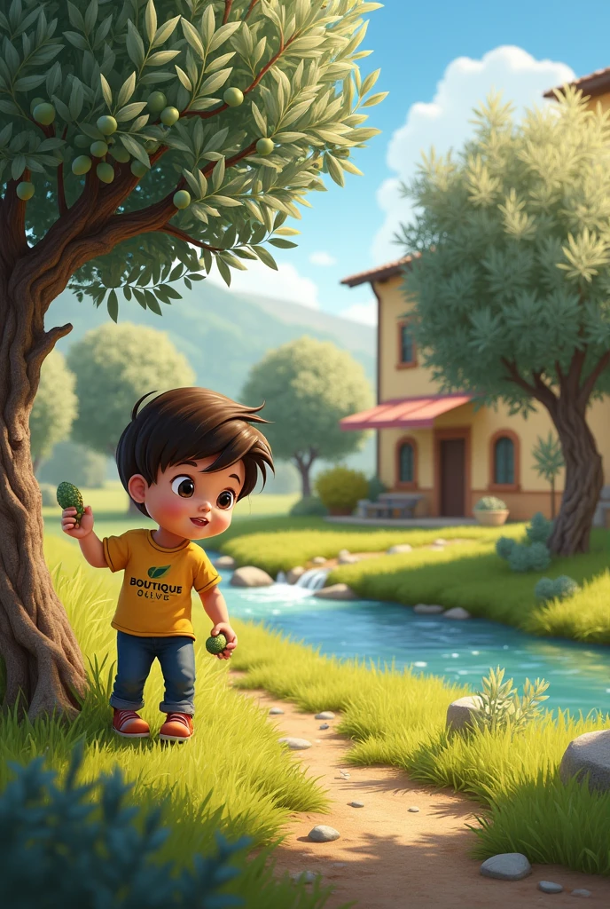 Olive trees, a child is picking olives, on your t-shirt "Boutique Olive" writes, There is a stream in the back.