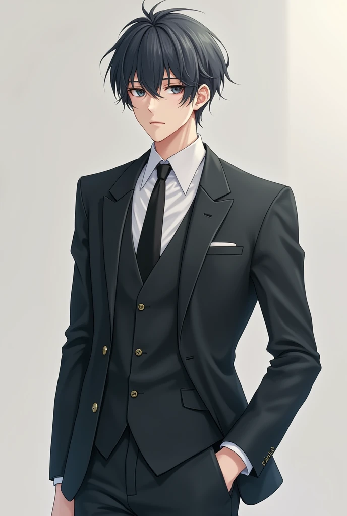 A anime boy he is wearing suit dark grey hair white skin