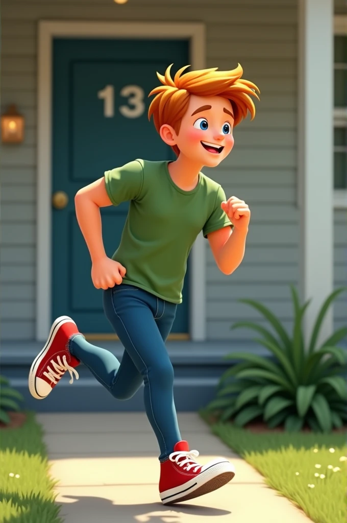 Young thin man, 23 years old, has red-blonde short wavy hair towards the forehead, wearing a green t-shirt, blue tight pants and rite chucks. He runs whistling past a house with the number 13 on the door.