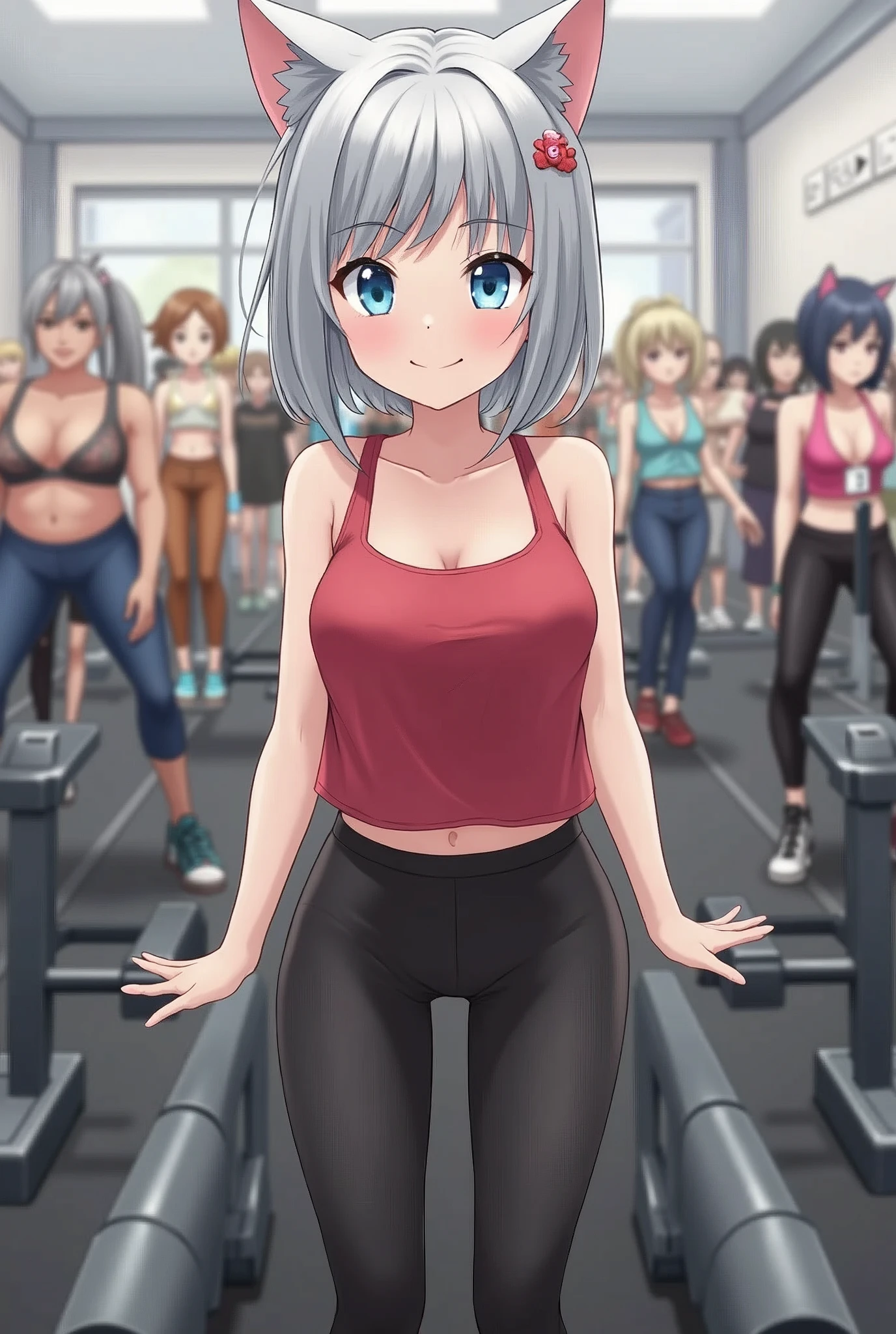 (masterpiece), (best quality), (High quality), BREAK, expressive eyes, BREAK, perfect face, (1girl), (grey cat ears), (medium hair, grey hair), ((pixie cut)), BREAK, (big eyes, perfect eyes, blue eyes, thick eyelashes), thin eyebrow, BREAK, ((smile)), BREAK, (short height), BREAK, slim bulid, BREAK, (medium breasts), (clevage), BREAK, (red tanktop, cropped), BREAK, ((black leggins)), BREAK, (sneakers),  BREAK, (standing), (view from the front), (full body), BREAK, (at the gym, crowded), BREAK, more_details:-1, more_details:0, more_details:0.5, more_details:1, more_details:1.5