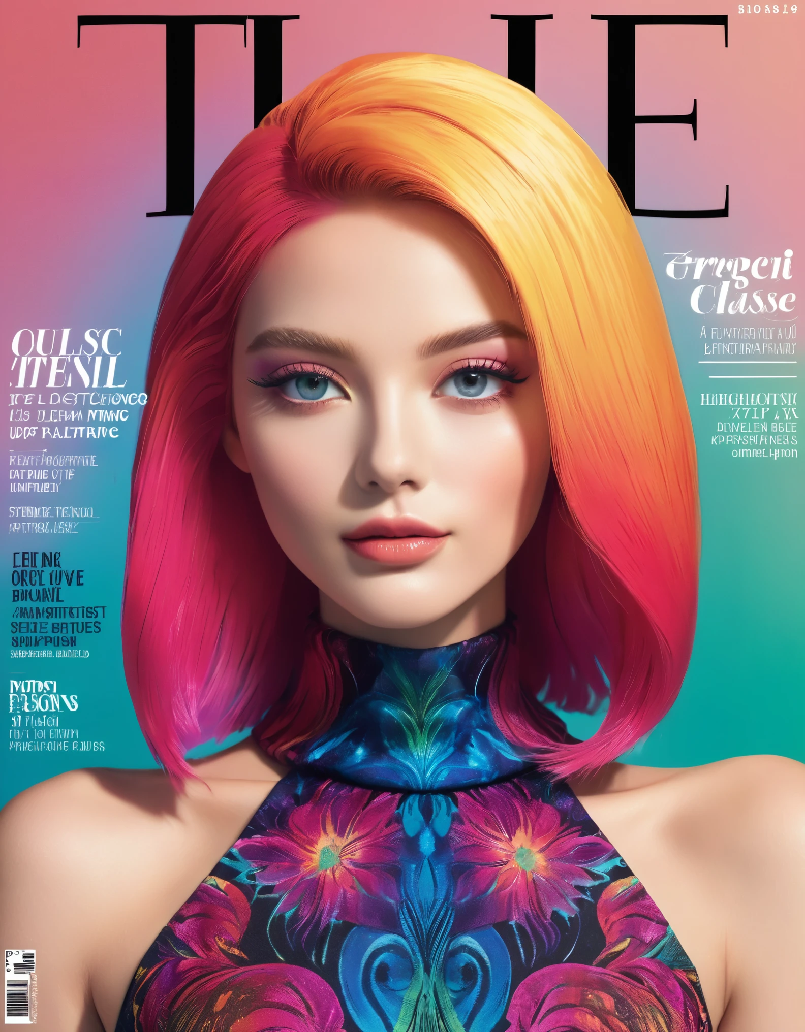 Magazine cover, esthetic, , (A girl with) vibrant colorful hair, Eye-catching pose, stylish clothes, confident smile, Dynamic background, (Haute Couture),(realisti),(studio lighting), (best quality,4K,highres), (portrait), (best quality,4K,8k,highres,​masterpiece:1.2),Ultra-detail,(realisti,photorealisti,photo-realisti:1.37), glossy finish, bright colours, captivating design, Professional models, Iconic logo, Striking typography, Dynamic layout, eye-catching headlines, Fashion Forward, Avant-garde style, innovative concepts, influential personalities, Trend-setting fashion, detailed articles, thought-provoking content, Modern lifestyle, cultural influence, timeless charm, stylish accessories, glamorous photo shoots, international appeal, Diverse perspectives, High-Fashion-Editorials, Exclusive interviews, first-class journalism, exquisite craftsmanship, visual storytelling, captivating cover story, captivating images, iconic fashion brands, Avantgardistisches Make-up, luxurious fabrics, elegant patterns, High quality printing, sophisticated layout, Trendprognose, inspiring pictures, breathtaking artistic direction, Required reading.