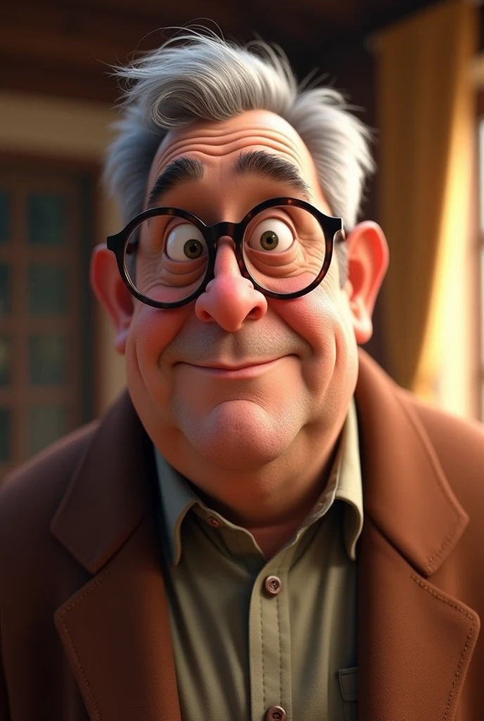 80 year old man brown skin gray hair and slightly overweight with glasses pixar
