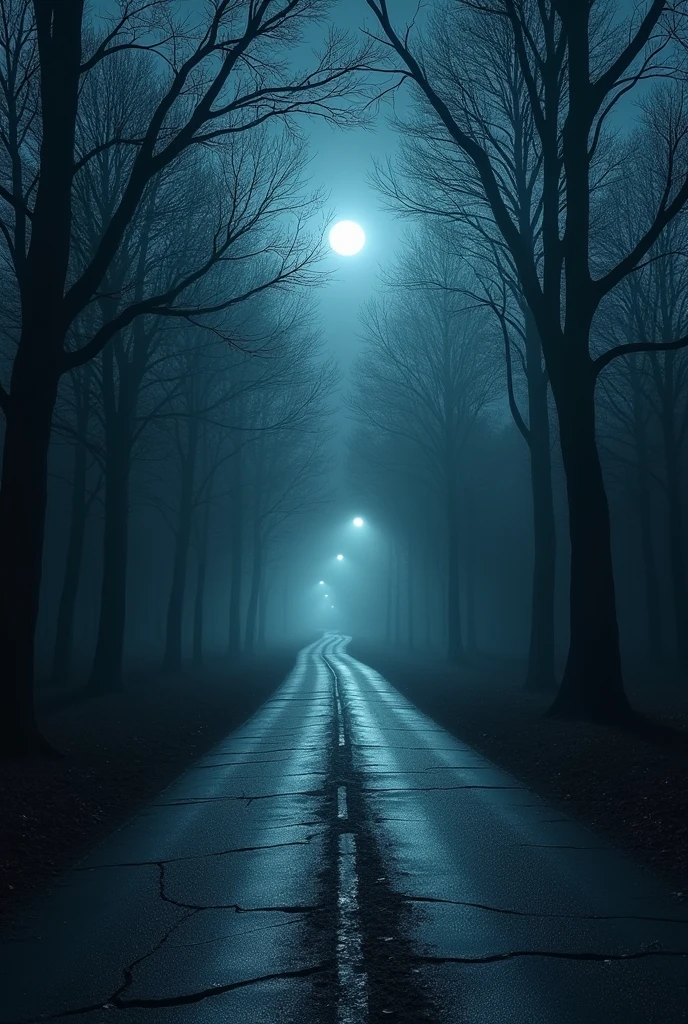 A chilling night scene of an isolated, winding road, bathed in the cold, eerie glow of distant, flickering streetlights. The moon casts a pale, ghostly light over the cracked, uneven asphalt, which snakes through a dense, foreboding forest. Tall, gnarled trees with twisted, bare branches loom ominously on both sides of the road, their silhouettes sharp and menacing against the dark sky. A thin, creeping fog blankets the ground, swirling around the base of the trees and slowly seeping onto the road, adding an unsettling sense of dread.

Amidst the trees, an ominous, shadowy presence lurks—barely visible, yet profoundly unsettling. The darkness between the trees seems to breathe, with hints of something unnatural and malevolent hidden within. The air is heavy and cold, carrying an unnerving stillness, broken only by the occasional rustle of dead leaves in the icy breeze. The atmosphere is tense and foreboding, as if the very landscape is alive with a sinister force, waiting silently in the shadows. This scene should evoke a deep, spine-chilling fear, capturing the essence of isolation and the unknown lurking just beyond sight.