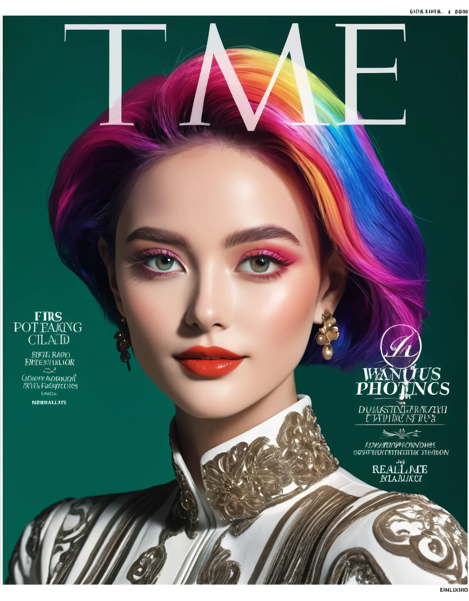 Magazine cover, esthetic, , (A girl with) vibrant colorful hair, Eye-catching pose, stylish clothes, confident smile, Dynamic background, (Haute Couture),(realisti),(studio lighting), (best quality,4K,highres), (portrait), (best quality,4K,8k,highres,​masterpiece:1.2),Ultra-detail,(realisti,photorealisti,photo-realisti:1.37), glossy finish, bright colours, captivating design, Professional models, Iconic logo, Striking typography, Dynamic layout, eye-catching headlines, Fashion Forward, Avant-garde style, innovative concepts, influential personalities, Trend-setting fashion, detailed articles, thought-provoking content, Modern lifestyle, cultural influence, timeless charm, stylish accessories, glamorous photo shoots, international appeal, Diverse perspectives, High-Fashion-Editorials, Exclusive interviews, first-class journalism, exquisite craftsmanship, visual storytelling, captivating cover story, captivating images, iconic fashion brands, Avantgardistisches Make-up, luxurious fabrics, elegant patterns, High quality printing, sophisticated layout, Trendprognose, inspiring pictures, breathtaking artistic direction, Required reading.