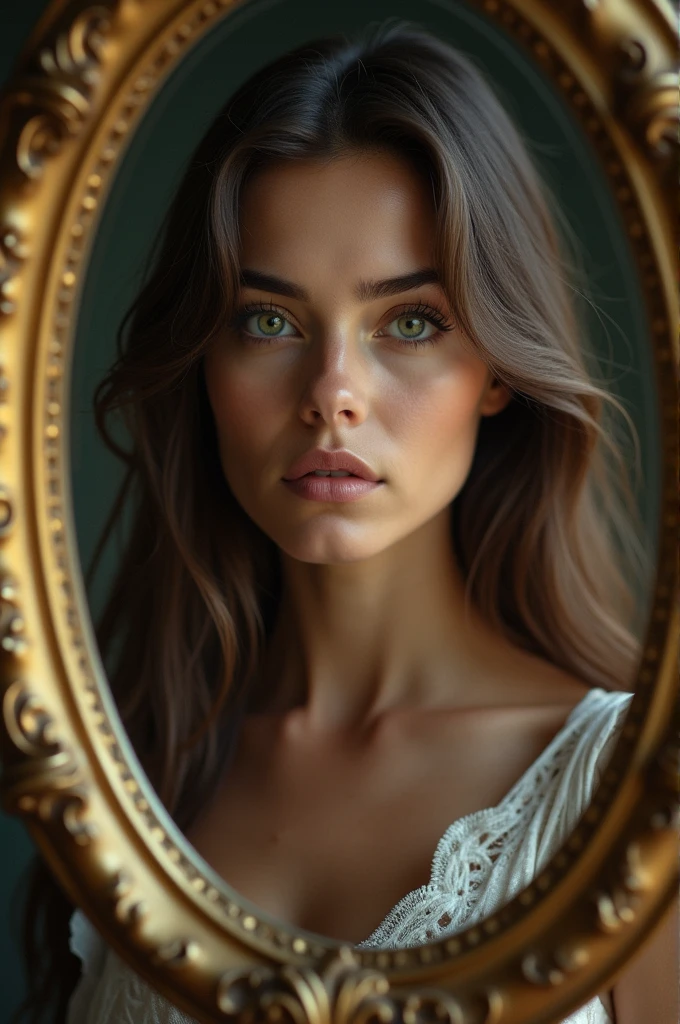 Perfect woman, dark blonde hair, green eyes, academy, mirror selfie