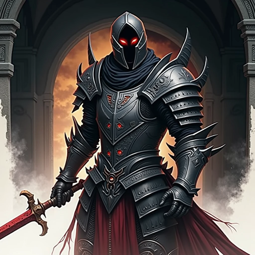 knight with a sword in his hand, evil knight, blood knight, Lord of Ash, dark warrior, armored warrior, Gothic Knight, Knight of the Undead, dark souls art style, fantasy knight, The Scary Knight, dark souls knight, Fantasy Warrior, Ares in heavy armor and sword, dark souls art, dark armor, the dark souls knight