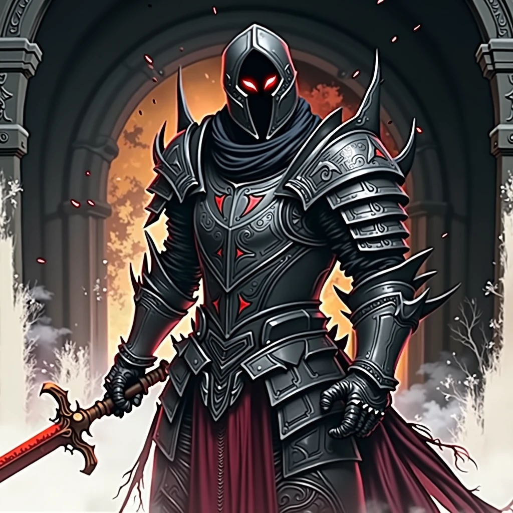 knight with a sword in his hand, evil knight, blood knight, Lord of Ash, dark warrior, armored warrior, Gothic Knight, Knight of the Undead, dark souls art style, fantasy knight, The Scary Knight, dark souls knight, Fantasy Warrior, Ares in heavy armor and sword, dark souls art, dark armor, the dark souls knight