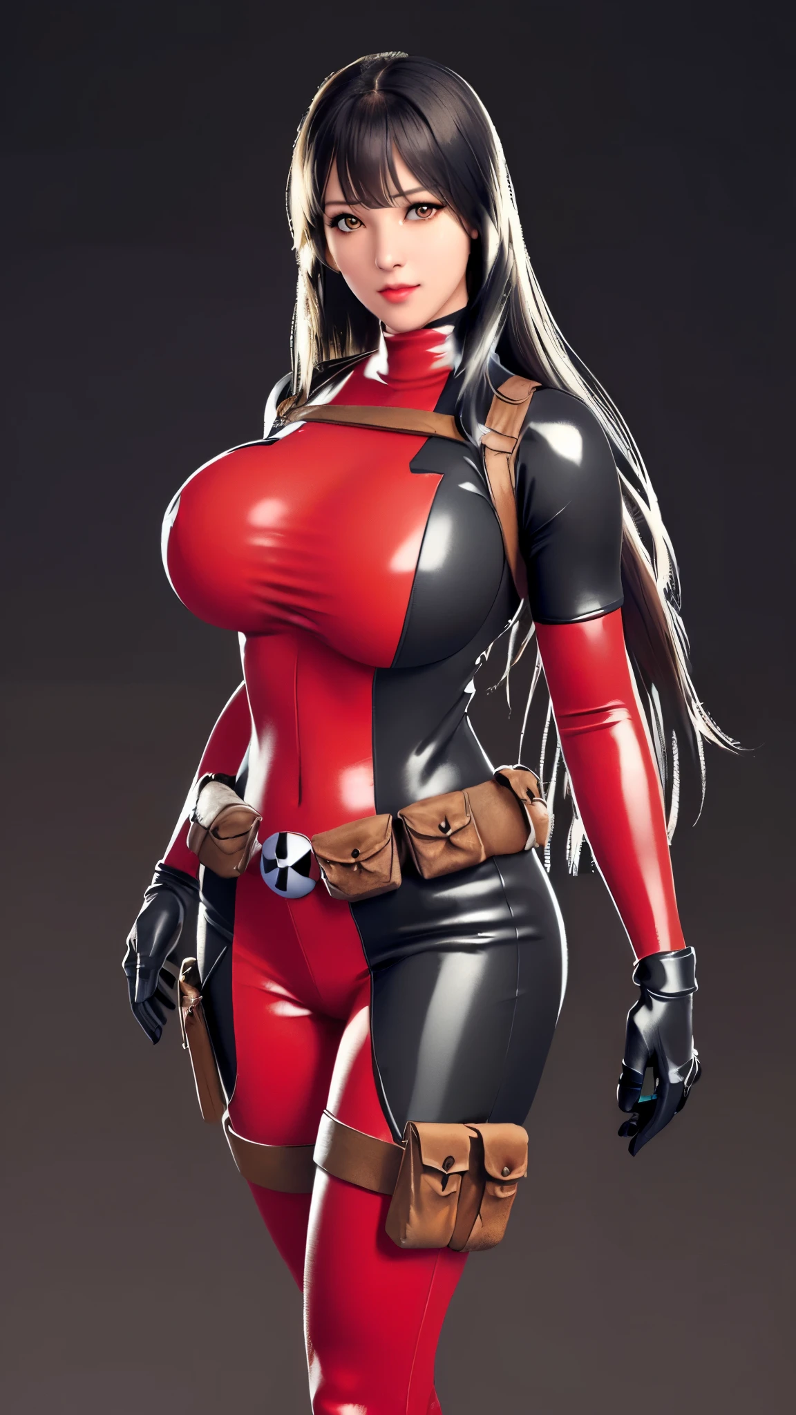 (（（Perfect body,White and tender skin,（（（BodySuit_lady_deadpool_ownwaifu，bodysuit, skin tight, superhero, Belt Pouch, utility belt, red bodysuit, gloves, weapon on back, thigh pouch, thigh strap, thigh holster, belt buckle, turtleneck,  ）））,（（（ailisha，Black long hair, super long hair, slanted bangs, brown eyes, red lips））），((masterpiece)),high resolution, ((Best quality at best)),masterpiece,quality,Best quality,（（（ Exquisite facial features,Looking at the audience,There is light in the eyes,Smile））），）））,（（（Light and shadow,Huge breasts，）））,（（（Looking at the camera,black background,)））),