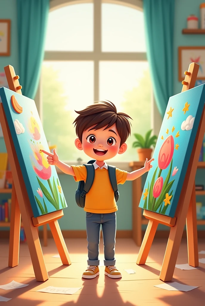 Create a cartoon image, where a child student presents 2 paintings, on your left and right
