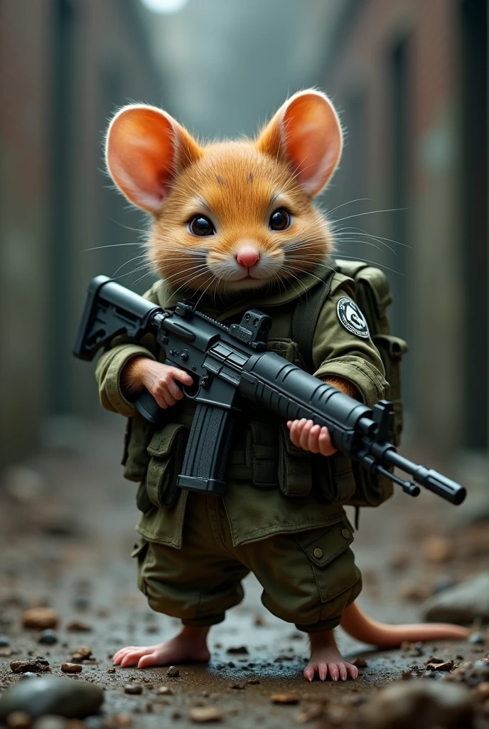 A mouse wearing a cool military uniform holding an MP5 gun.