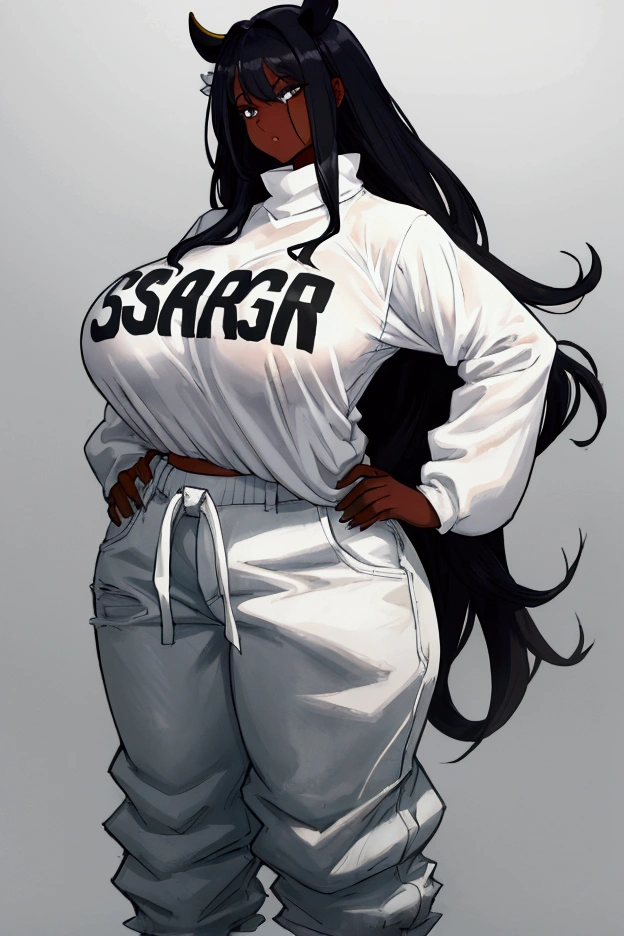 Cow girl, long oversized white sweater, dark skin, curvy, baggy pants